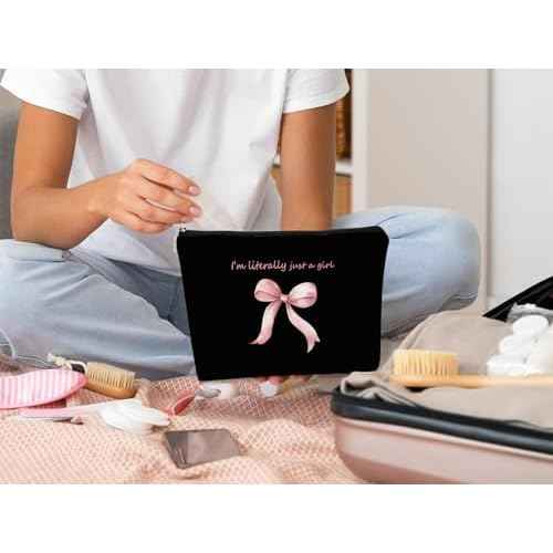 Pink Coquette Bow Aesthetic Makeup Bag, I'm Literally Just a Girl, Cute Cosmetic Bag, Trendy Preppy Gifts, Coquette Stuff, Black