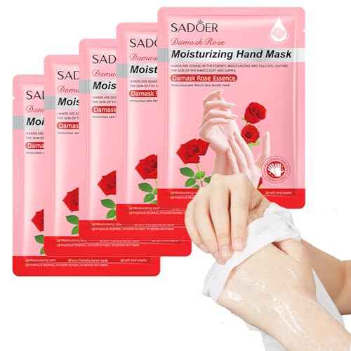 5 Pairs Hands Moisturizing Gloves, Damask Rose Hand Mask, Hand Skin Repair Renew Mask Infused Collagen, Vitamins Natural Plant Extracts for Dry, Aging, Cracked Hands
