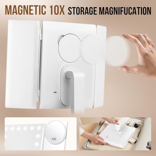 Wireless Rechargeable Lighted Makeup Mirror with 3 Color Lighting, 2000mAh Rechargeable Battery, 10x 3X 2X Magnification, 24 LED, 360 Degree Rotation, Gift for Woman (White)