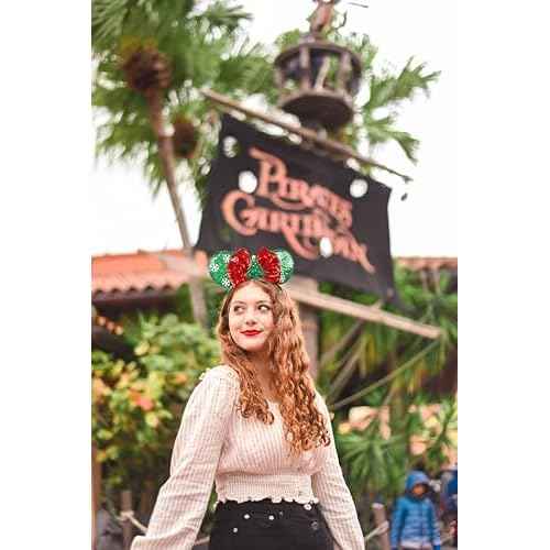 WOVOWOVO Christmas Mouse Ears Headbands for Women Girls, Bow Decoration Hairbands Red Sequin and White Snowflake Headband Party Cosplay Hair Accessories Costume, 2 Pack