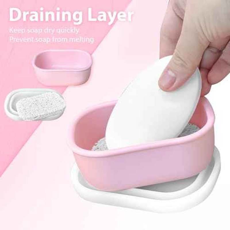 Leakproof Silicone Travel Soap Case with Drainage Layer, Silicone Bar Soap Holder Compact Portable Shatterproof Soap Container Box for Bathroom Gym Camp Travel Toiletries (Pink, Clear Lid)