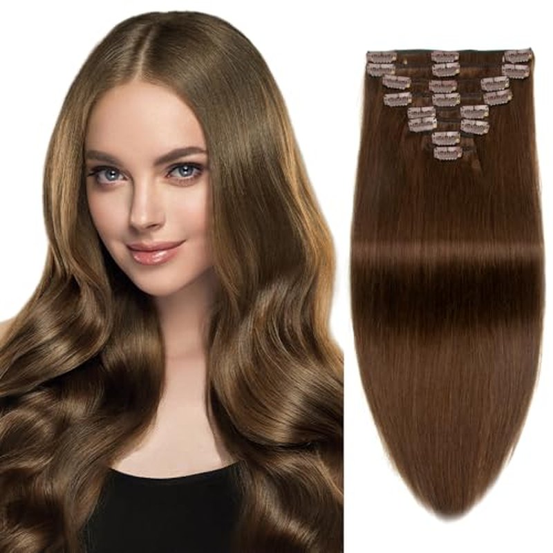 Clip in Hair Extensions Human Hair 100% Brazilian Virgin Human Hair 7pcs Per Set with 16Clips Double Weft (16 Inch, #4 Chotolate Brown)