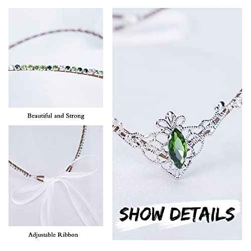 MOSTORY Handmade Green Crystal Tiara for Princess Wedding Rhinestone Fairy Crown Headband for Bridal Shower V-shape Woodland Elf Headpiece for Women Queen Bachelorette Party Medieval Fair Proms