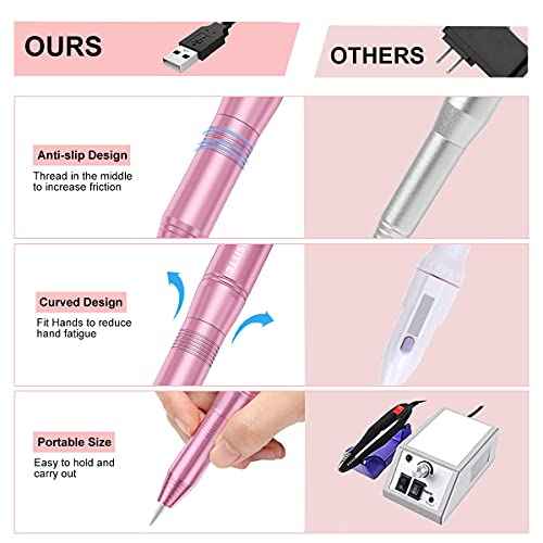 Electric Nail Drill,USB Electric Nail Drill Machine for Acrylic Nail Kit,Portable Electric Nail File Polishing Tool Manicure Pedicure Kit Efile Nail Supplies for Home Salon,Pink