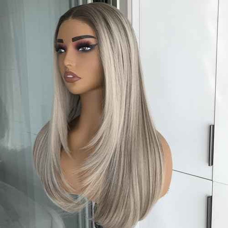 Pre Cut No Glue Lace Wig Ash Blonde Wear and Go Glueless Synthetic Lace Front Wig for Women with Bangs Layered Straight Wigs Pre Plucked Highlight Dirty Blonde Wig 3 Seconds to Wear 20Inch