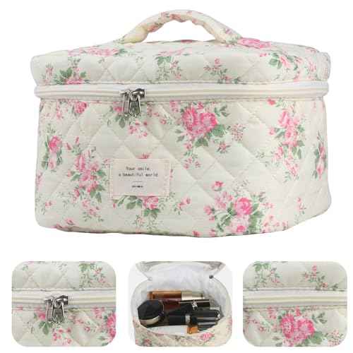 Cute Makeup Bag for Women(2 Pcs), Travel Cosmetic Bags, Quilted Coquette Aesthetic Floral Toiletry Organizer Bag (21 - Pink Flower)