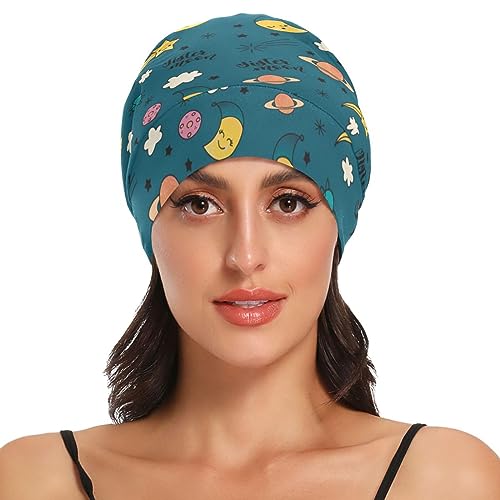Satin Bonnet Hair Wrap for Sleeping - Lined Sleep Cap for Curly Hair Women & Men - Moon Cloud Dark Green