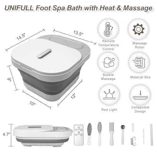 Collapsible Foot Spa Bath with Heat and Massage Rollers, Bubble, Foot Pedicure Kit, Temperature Control, Red Light, Pedicure Foot Spa, Foot Bath