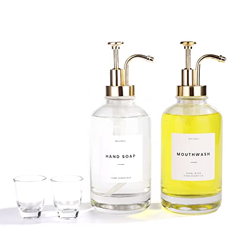 Molimoli Hand Bathroom Soap Dispenser Set, Glass Mouthwash Dispenser for Bathroom, Dish Soap Dispenser for Kitchen Sink, Soap Dispenser Pump, 500ml/16.9 Oz, Set of 2, Gold