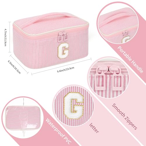 OCHEAL Makeup Bag for Women, Monogram Cosmetic Bag with Brush Holder, Pink Travel Makeup Case Beauty Toiletry Bag Organizer Personalized Gifts for Girls Bridesmaid, Sister, Wife, Friends Initial G