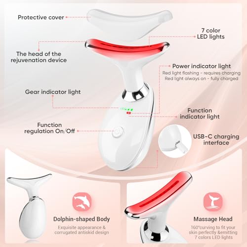 Face and Neck Massager Tool, 7 Colors LED Light Therapy Wand for Wrinkles, Double Chin, Portable Facial Massager with Vibrating and Thermals for Skin Care, Glossy White