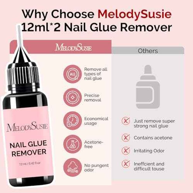 MelodySusie 2PCS Nail Glue Remover for Press on Nails, Acetone Free Nail Polish Remover Multi-Functional Liquid for Removing Glue from Nail Tips Full Cover Nails for Home and Salon Use 12ML
