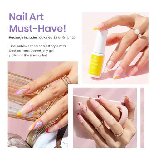 Beetles French Tip Gel Liner Nail Polish Set- 20 Colors Nail Art Polish Brown Glitter Pink Blue White Red Purple Swirl Gel Nails Polish Nails Art Painted Build in Thin Brush Manicure Gifts for Women