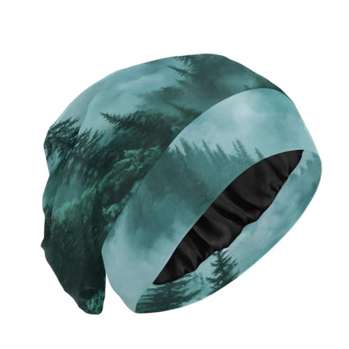 Beanie Hat Satin Bonnet Lined Sleep Cap Hair Wrap Cover Slouchy Beanie for Curly Hair Protection for Gifts for Men Women Foggy Green Mountains and Pine Trees