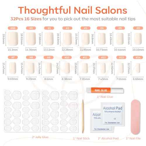 Modelones White Press on Nails, Short Square Fake Nails, Reusable Nail Kit with Nail Glue Adhesive Tabs Mini Nail File, Christmas Nails Press Ons 32Pcs16 Sizes, Women Girl Gift
