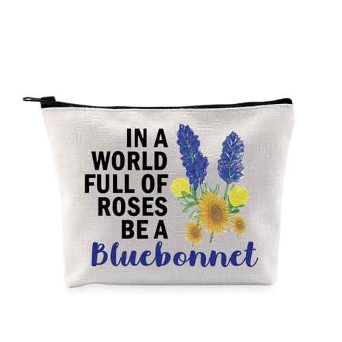 G2TUP Bluebonnet Lover Gift In A World Full Of Roses Be A Bluebonnet Makeup Bag Bluebonnet Fan Cosmetic Bag Bluebonnet Texas Pride Merch (Be A Bluebonnet MB)