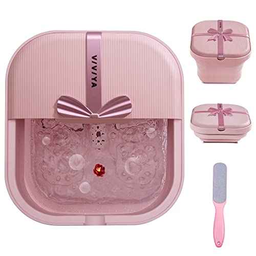 Collapsible Foot Bath Spa with heat and Massage Rollers, Foldable Foot Soak Tub with Bubbles Jets and LED light, Pedicure Foot Spa Massager with Foot Scrubber for Home Use (Pink)