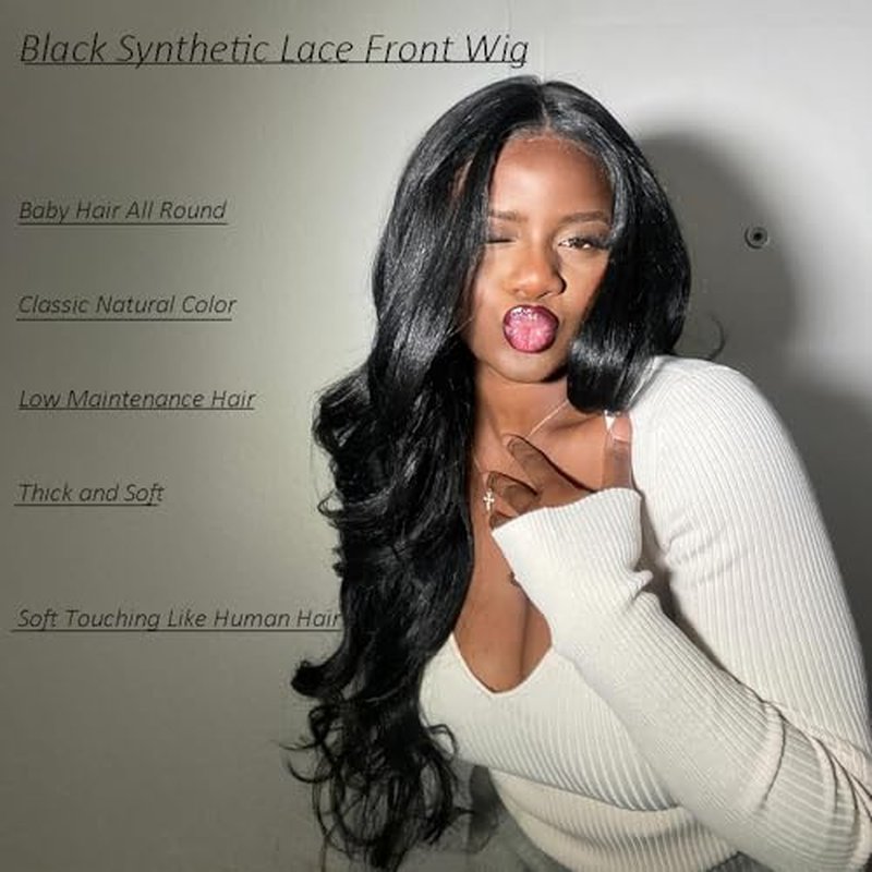X-TRESS Hair Black wig for Women, Middle Part Front Lace Hairline Wig Pre-Plucked Heat Resistant Synthetic Wig for Daily 28 Inch-1B