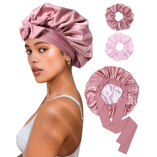 Reversible Satin Bonnet for Sleeping Women Double Layer Hair Bonnet with 2PCS Hair Scrunchies Elastic Tie Band Night Cap