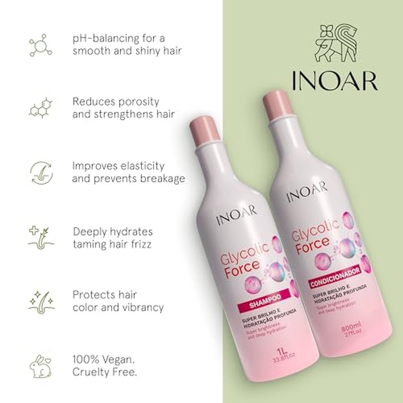 INOAR Glycolic Force Shampoo & Conditioner Bundle with Glycolic Acid for Deep Cleansing, Intense Hydration & Renewed Shine, 33.8 & 27 Fl Oz