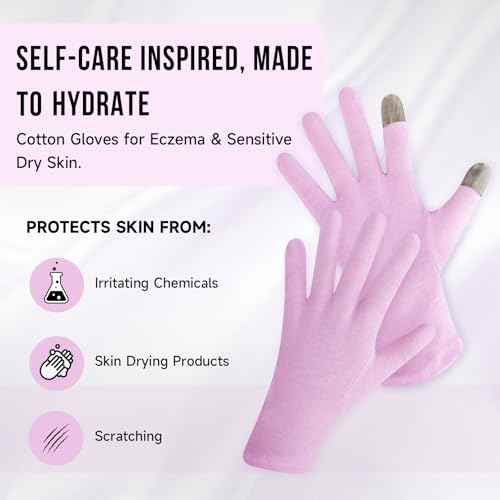 HandLove Premium 100% Cotton Gloves Moisturizing Gloves for Dry Hands & Eczema | Overnight Sleeping Gloves, Eczema Gloves | Reusable| Touchscreen, Purple, 2 Pairs