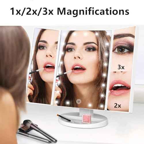 Trifold Makeup Mirror Vanity Mirror with Lights,1X 2X 3X Magnification,Touch Screen,180 Adjustable Rotation,Portable Travel Bathroom Cosmetic Mirror
