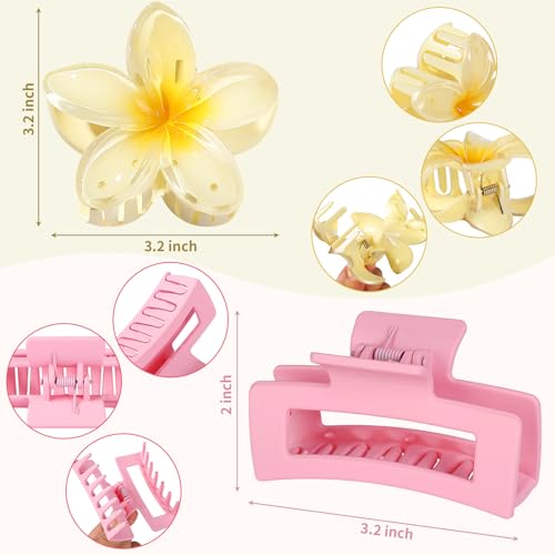 Flower Hair Clips for Women Square Claw Clips for Girls 2 Styles Hair Claw Clips for Thick or Thin Hair 6 PCS Hawaiian Hibiscus Rectangle Large Plumeria Medium Hair Accessories for Women (Pink)