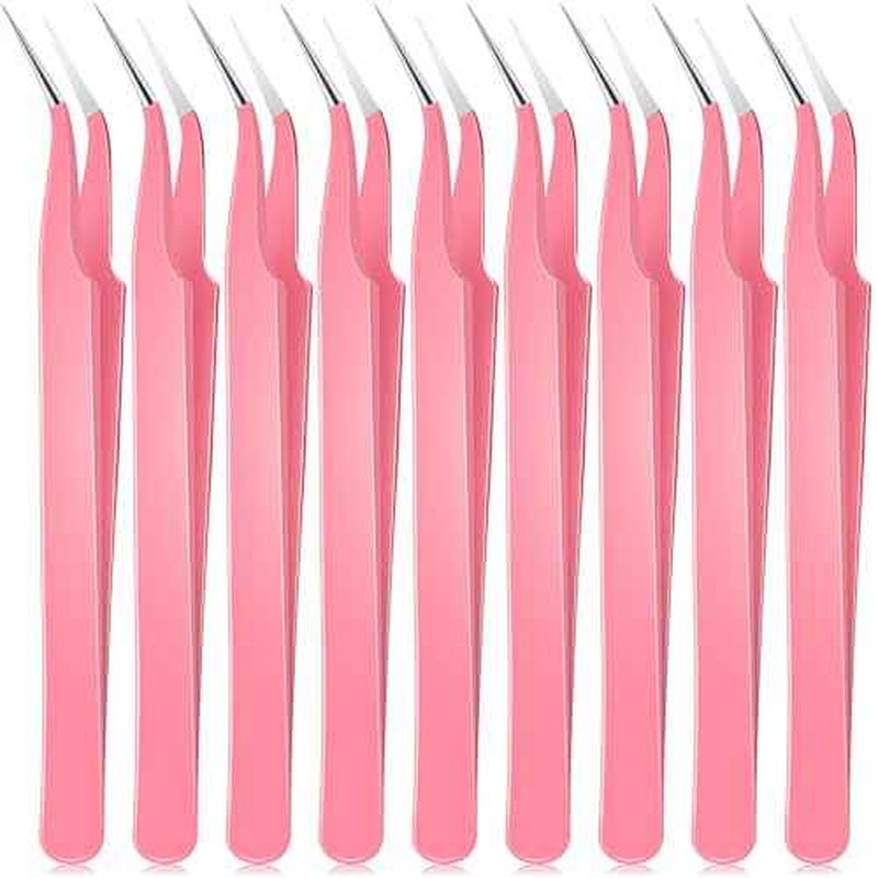 Honoson 9 Pieces Curved Pointed Craft Tweezers Stainless Steel Precision Tweezer with Protective Cover for Rhinestones Dried Flowers Craft Stickers Eyelash Extension Jewelry Making(Pink)