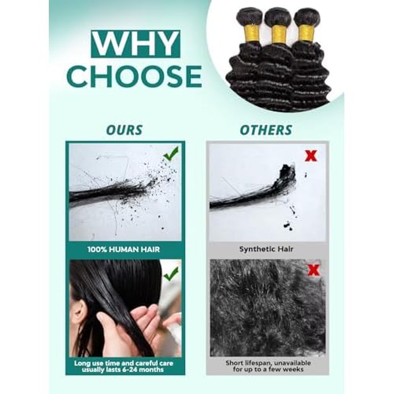 12A Deep Wave Human Hair Bundles 16 Inch Raw Curly Bundles Human Hair 100% Unprocessed 1 Bundles Brazilian Virgin Human Hair Extensions Quick Weave Natural Black Color