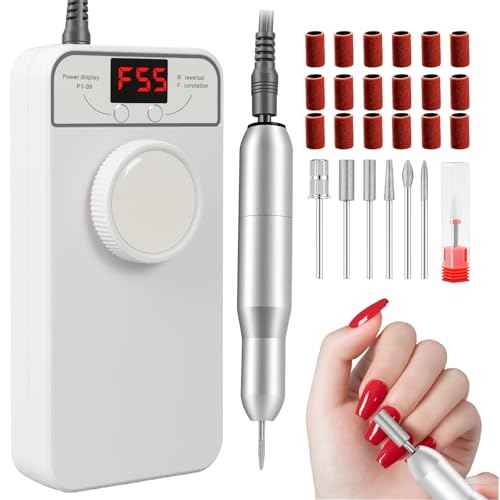 Professional Nail Drill Electric File, GEEZO 55000RPM Portable Cordless Nail Drill Machine with Bits, Rechargeable E File for Acrylic & Gel Nails, Manicure & Pedicure Tech Tool for Home Salon (White)