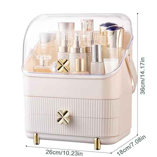 Preppy Skincare Organizers Makeup Organizer Holder Cosmetic Storage Box Display Case 3 Tiers Dust Free Cover Portable Handle 2 Rroomy Drawers Gift Great For Bathroom Countertop Dresser Ivory White