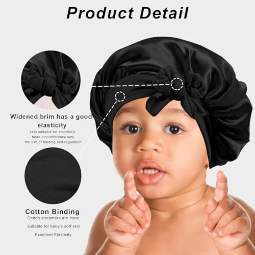 3 Pcs Kids Silk Bonnet for Sleeping - Baby Satin Bonnet for Sleep,Kids Hair Bonnets for Curly Hair Girls Boys with Wide Elastic Band,Sleeping Cap for Teens Toddler Child (Pink+Black+Light Blue)