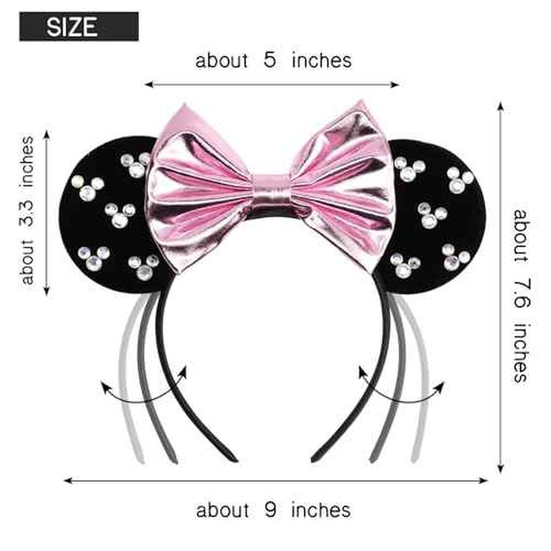 Black Velvet Mouse Ears Headband, Metallic Pink Bow & Crystal Accents for Nightlife & Theme Parks