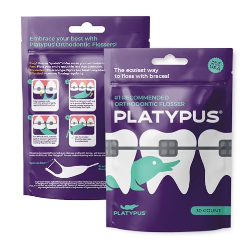 Platypus Orthodontic Flossers for Braces, 30 Count (Pack of 4), Ortho Picks for Adults & Kids, Fits Under Arch Wire, Non-Damaging, Encourage Flossing Habits