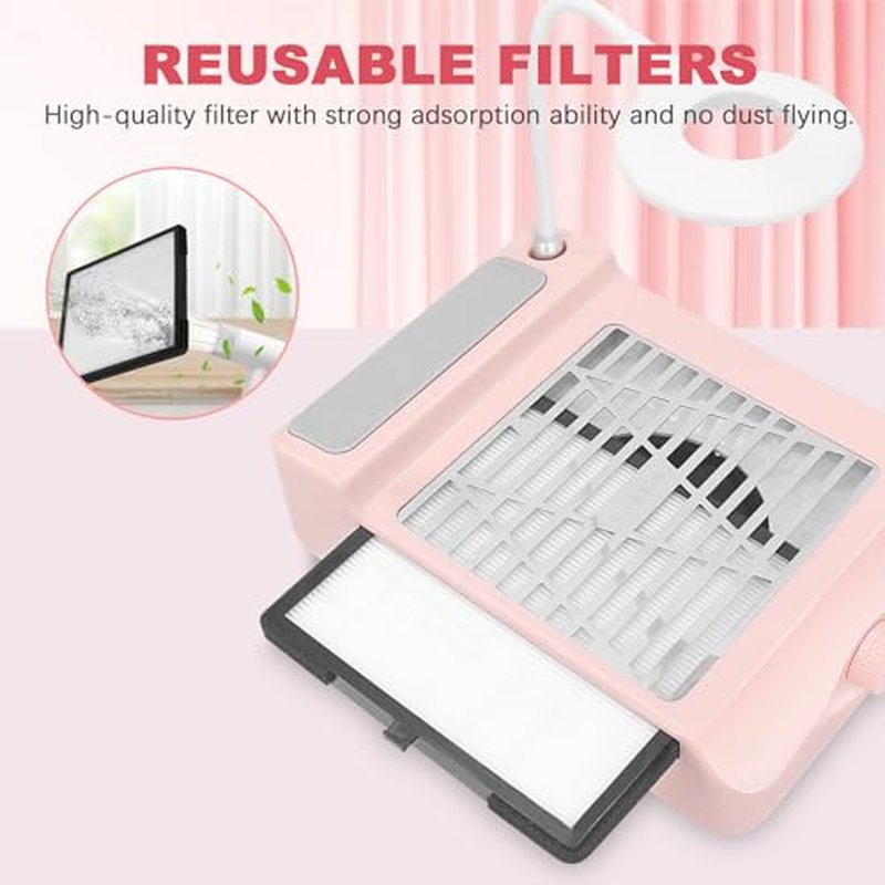 AONOLOVO Nail Dust Collector, Adjustable Suction, Professional Nail Fan Dust Collector with Light Manicure Dust Collector Nail Tech Vacuum Cleaner Machine for Acrylic Nails Removal, Pink