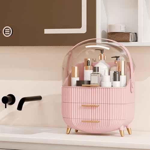 Makeup Organizer for Vanity Cosmetics Skincare Organizers with Lid and Drawers Display Cases for Countertop (Pink)