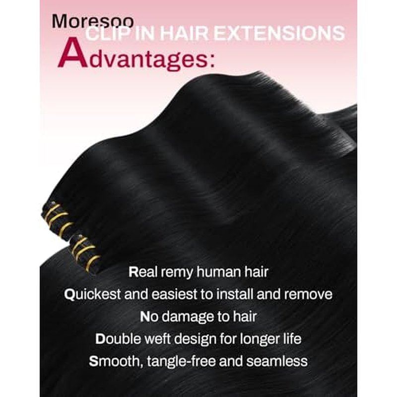 Moresoo Black Clip in Hair Extensions Real Human Hair Clip in Extensions Black Hair Extensions for Women Remy Double Weft 120g/7pcs 20 Inch