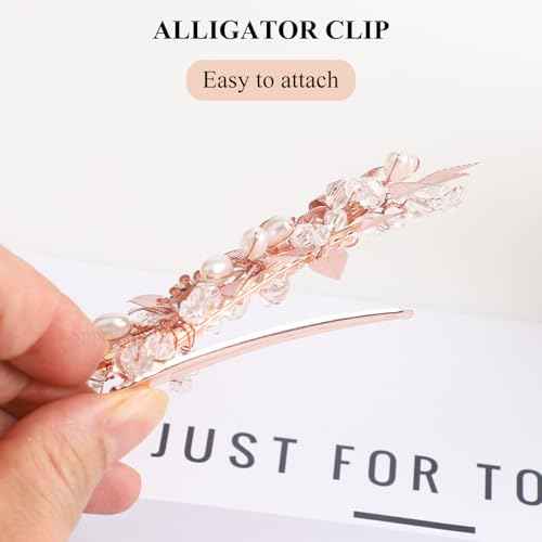 Wedding Hair Clips Set of 3 PCS - Floral Rhinestone Pearl Hair Accessories for Bridal Women (Rose Gold)