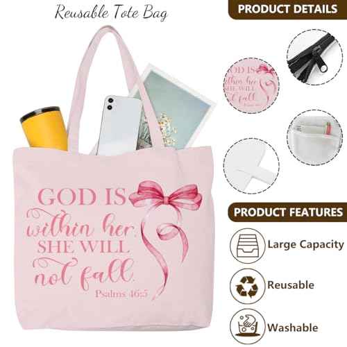 Christian Gifts for Women, Girls Preppy Bow Canvas Tote Bag Makeup Bag Set, Inspirational Bible Verse Religious Gifts Anniversary Nurse Mothers Day Reusable Grocery Bags Travel Cosmetic Bags