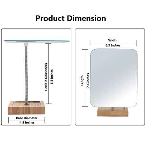 YEAKE Flexible Gooseneck Bamboo Vanity Makeup Mirror,360¡ÆRotation 8" Large Frameless, Folding Portable Table Desk Mirror with Stand for Bathroom Shaving Make Up, Rectangle
