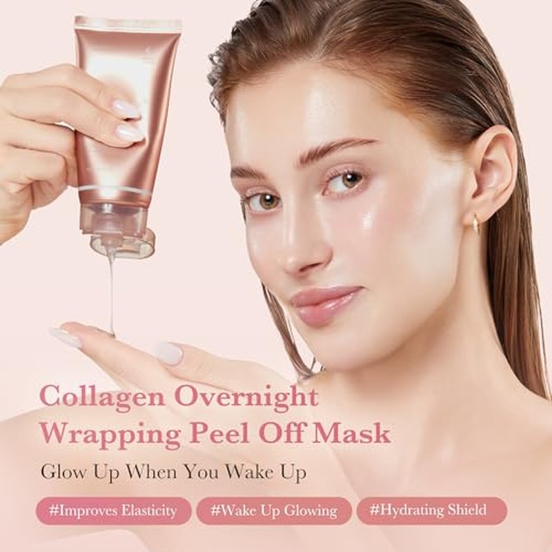 Medicube Pink Glow Wrapping Mask Duo | Collagen & Caffeine Peel-Off Facial Masks with Brush - Overnight Treatment