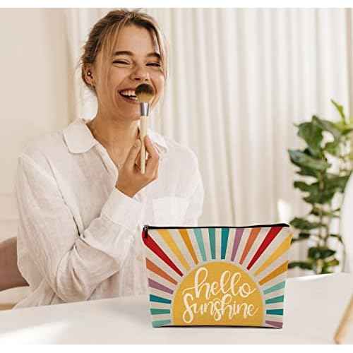 OHSUL Hello Sunshine Inspirational Makeup Bag,Boho Sun Colorful Sunshine Ray Cosmetic Bag Travel Pouch,Boho Travel Makeup Bag,Gifts for Boho Lovers Girls
