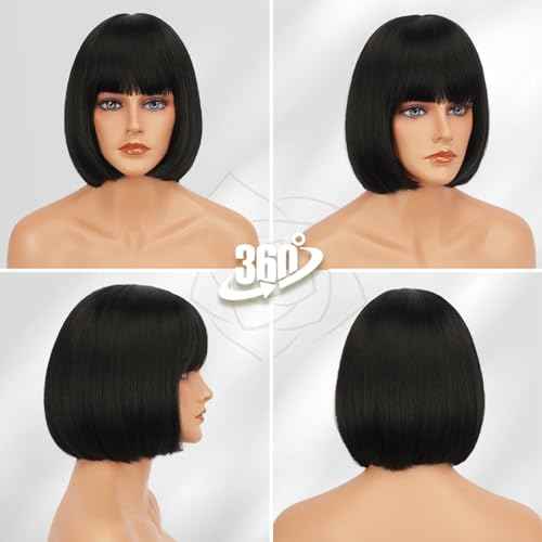 BARSDAR Short Black Bob Wig With Bangs - Short Black Bob Wig With Bangs for Women - 12 Inch Chin-Length Natural Looking Soft Synthetic Hair Replacement Daily Halloween Velma Kelly Mia Wallace Wigs