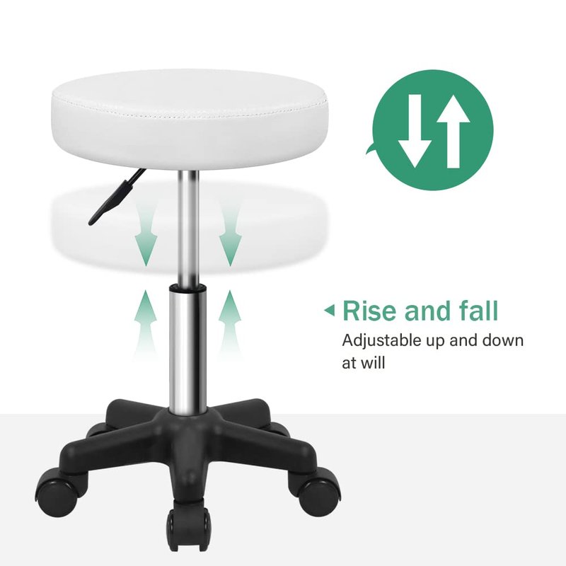 FURWOO Round Rolling Stool Height Adjustable Stool with Wheels for Spa Salon Massage White