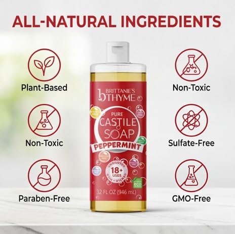 Pure Castile Liquid Soap Refill - Peppermint Scent, 32 oz Pack of 2 | Gentle, Vegan Formula for Hair & Body