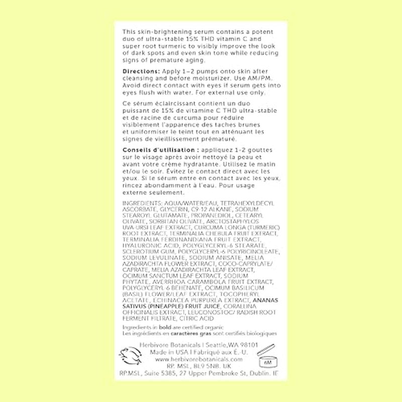 HERBIVORE Nova 15% Vitamin C + Turmeric Brightening Serum for Dark Spots, Hyperpigmentation + Even Skin Tone | Vegan, Plant-Based, Cruelty-Free, 30 mL / 1 oz