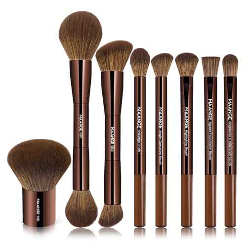 MAANGE 8 PCS Makeup Brush Set Double-end Makeup Brushes for Blending Liquid Powder Concealer Eyeshadow Blush Burshes Set (Brown)