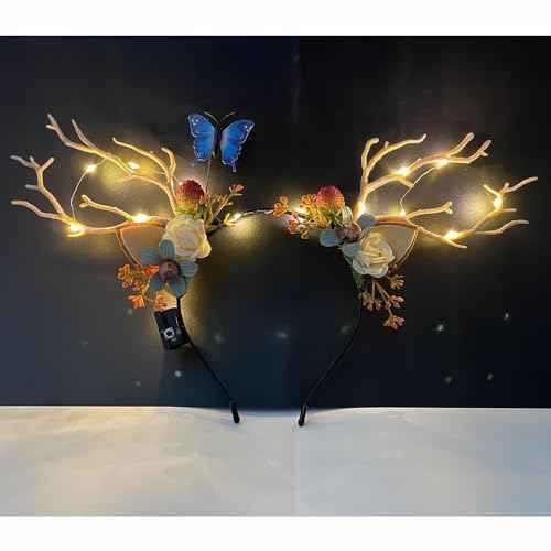 LED Christmas Headband Light up Deer Antlers Headpiece Reindeer Ears Headbands Holiday Headpiece Xmas Hair Accessories (Warm white light)