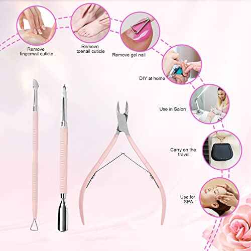 Makartt Cuticle Trimmer with Cuticle Pusher, 3 PCS Pink Nail Cuticle Nipper Professional Pedicure Manicure Tools with Stainless Steel Dual End Pusher, Nail Scraper
