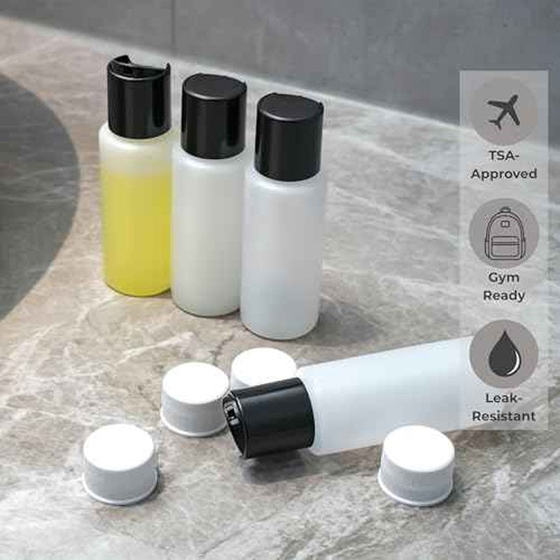 4 Pack 2oz Travel Bottles ? TSA Approved HDPE Translucent Squeeze Bottles with Black Disc Tops & 4 Extra Screw Caps, Leak Proof, Durable, BPA Free, FDA Compliant